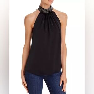 Ramy Brook Veronica Satin Bead-Detail High Neck Top in Black